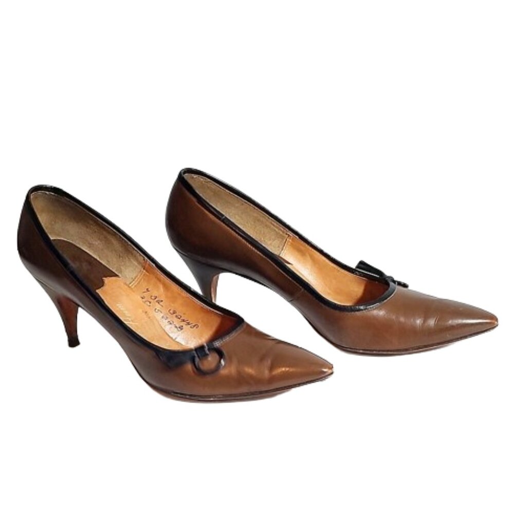 1960s Vintage Brown Leather Designer Extreme Pointed High Heel Spike Shoes